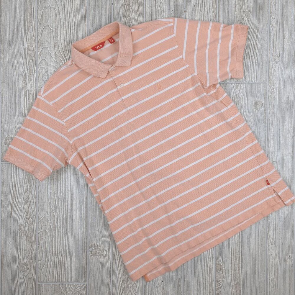 Izod Men’s XL Coral Pink White Striped Short Sleeve Polo Shirt